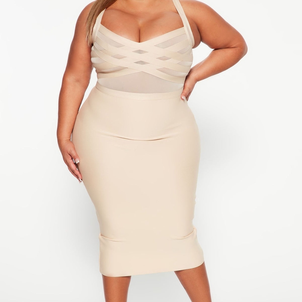 Cassidy Bandage - Fashion Nova Beige Midi Dress